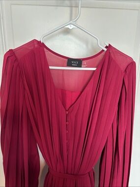 VICI Deep Berry Pleated Long Sleeve Romper